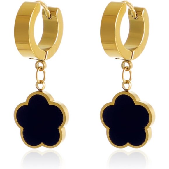 Women's 18K Gold-Plated Zircon Earrings Hoop Dangle Clover Earring Golden Black - Picture 1 of 7